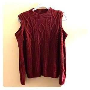long sleeve maroon shoulder cut out sweater